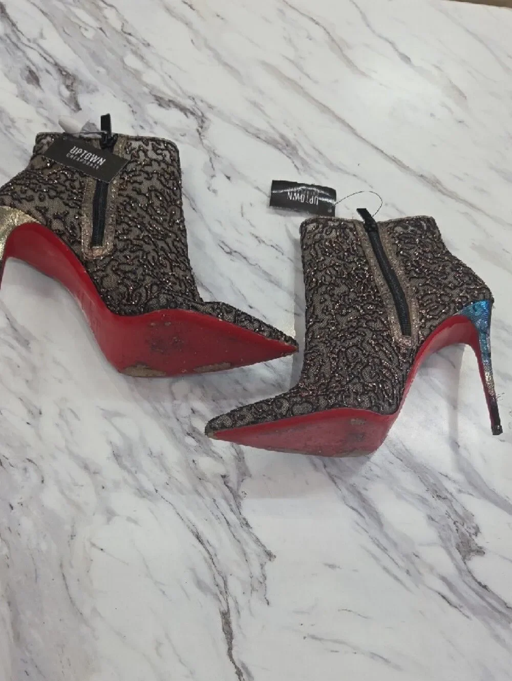 Christian Louboutin Metallic Gold and Black Lace Pointed-Ankle Boots